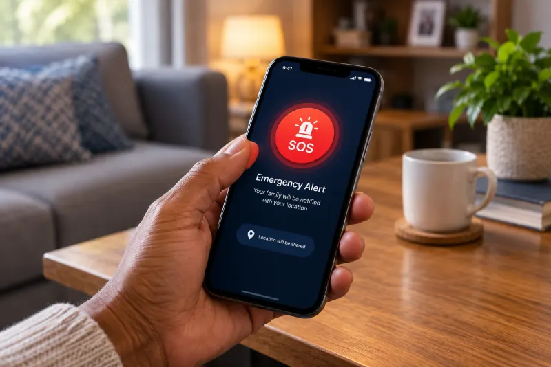 A hand holding a phone showing Dormu's emergency SOS button